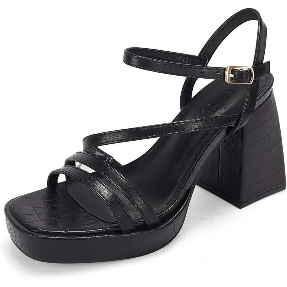 Coutgo Women's Platform Heels Sandals Chunky Square Open Toe Ankle Strap Black - Picture 5 of 5